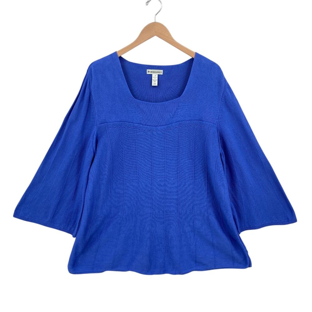 Parkhurst Blue Knit Sweater Women's Large 100% Cotton Bell Sleeve Square Neck